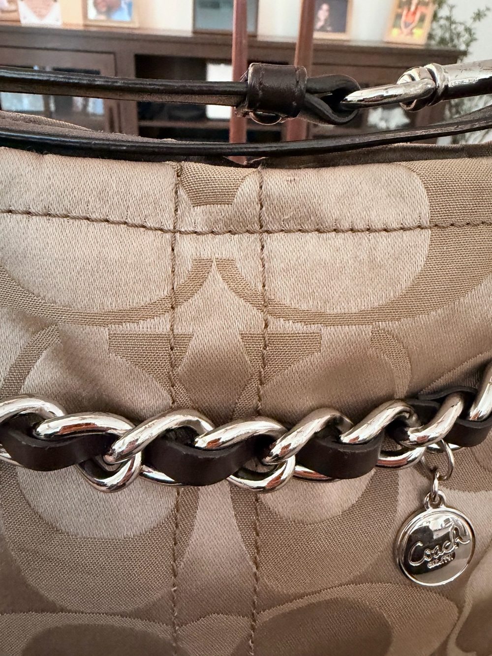 Y2K Aesthetic Coach Beige Signature Sateen Shoulder Bag with Brown Leather Trim - Picture 9 of 14